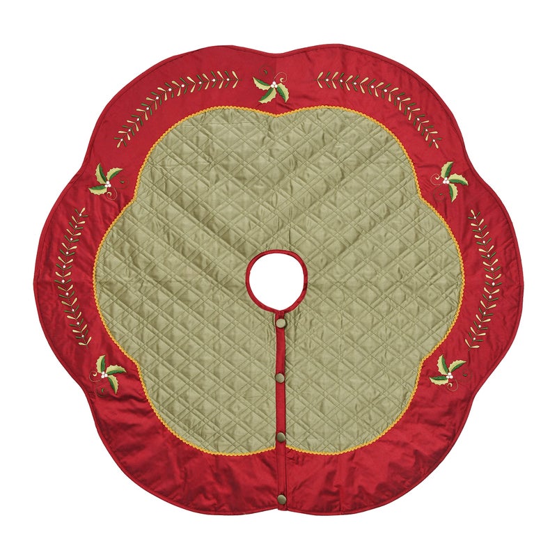 ONGLYP X.Sem Holly Leaf Embroidered Velvet Christmas Tree Skirt with Pleat Velvet Border 50'' (Green&red, 50 inch) - Image 4